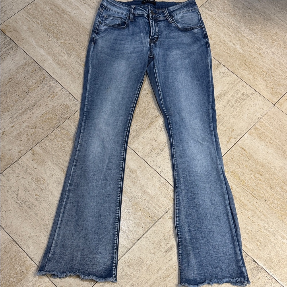 Women's Blue Flared Fringe Jeans